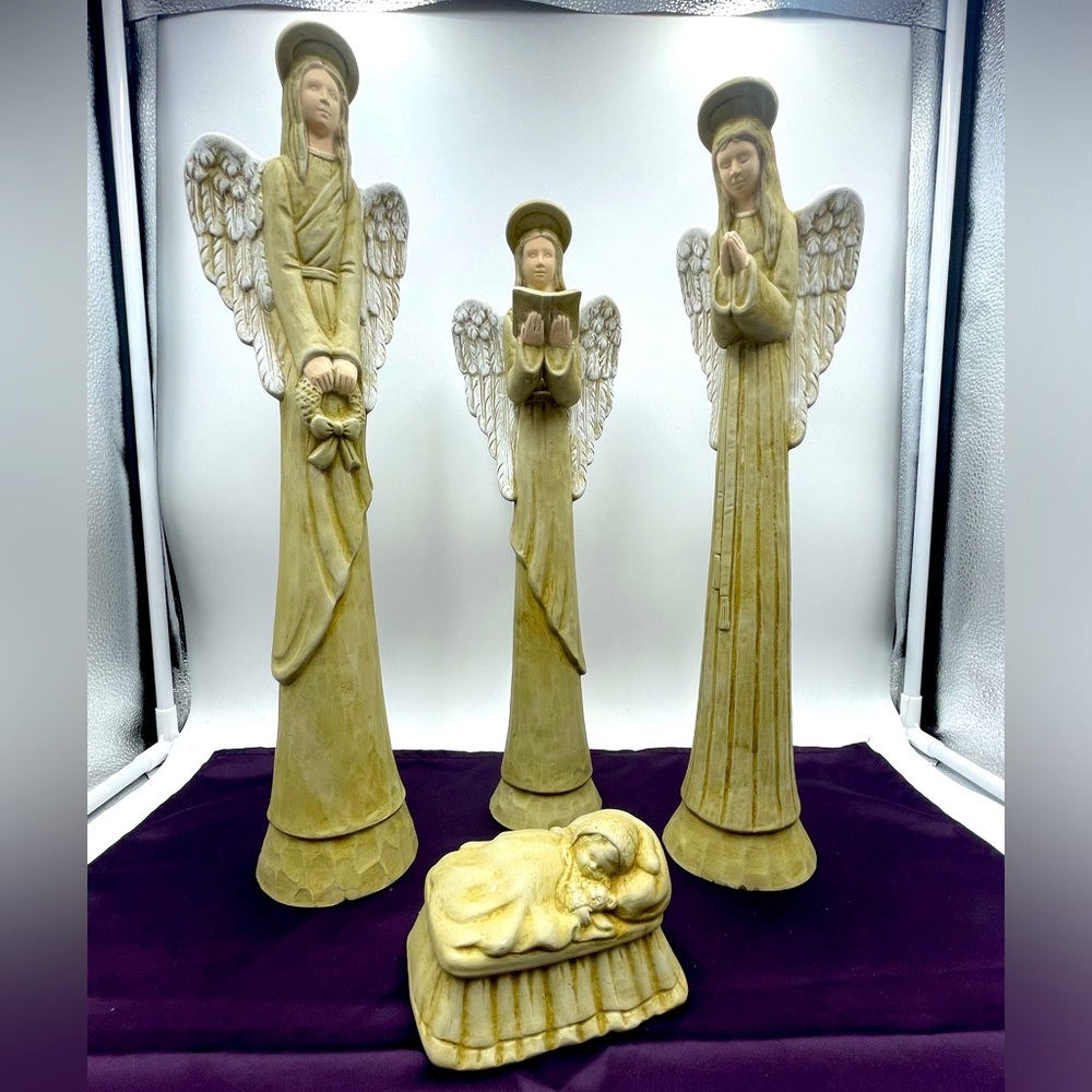Scioto: Ceramic Hand Painted/Signed Sleeping Baby & Praying-Bible-Wreath Angels